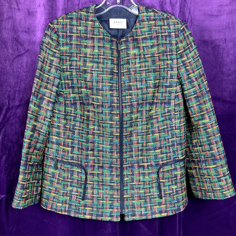 12 Akris Punto Fantasy Geometric Tweed Zip Pocket Jacket Green Yellow Red Blue
